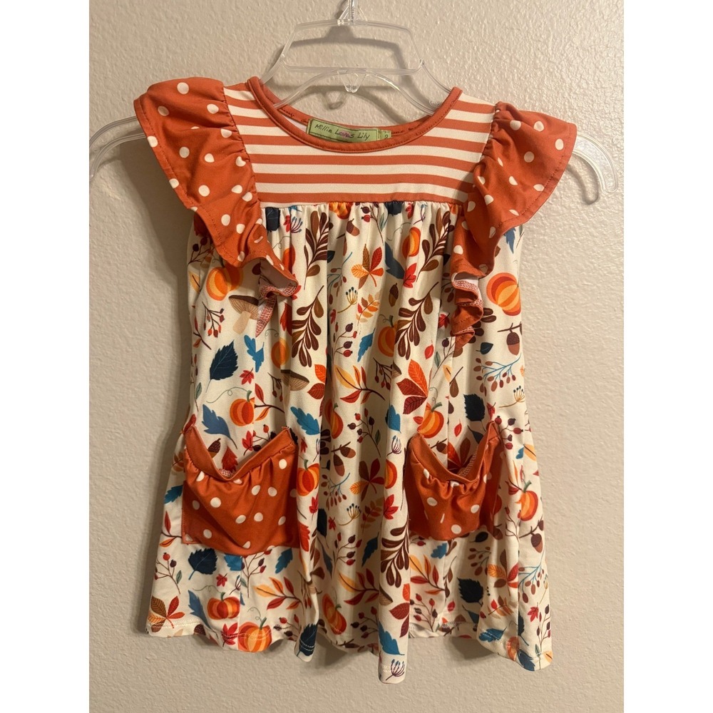 Millie Loves Lily Fall Pumpkin Dress Kids 2 Orange Excellent Ruffle Pockets